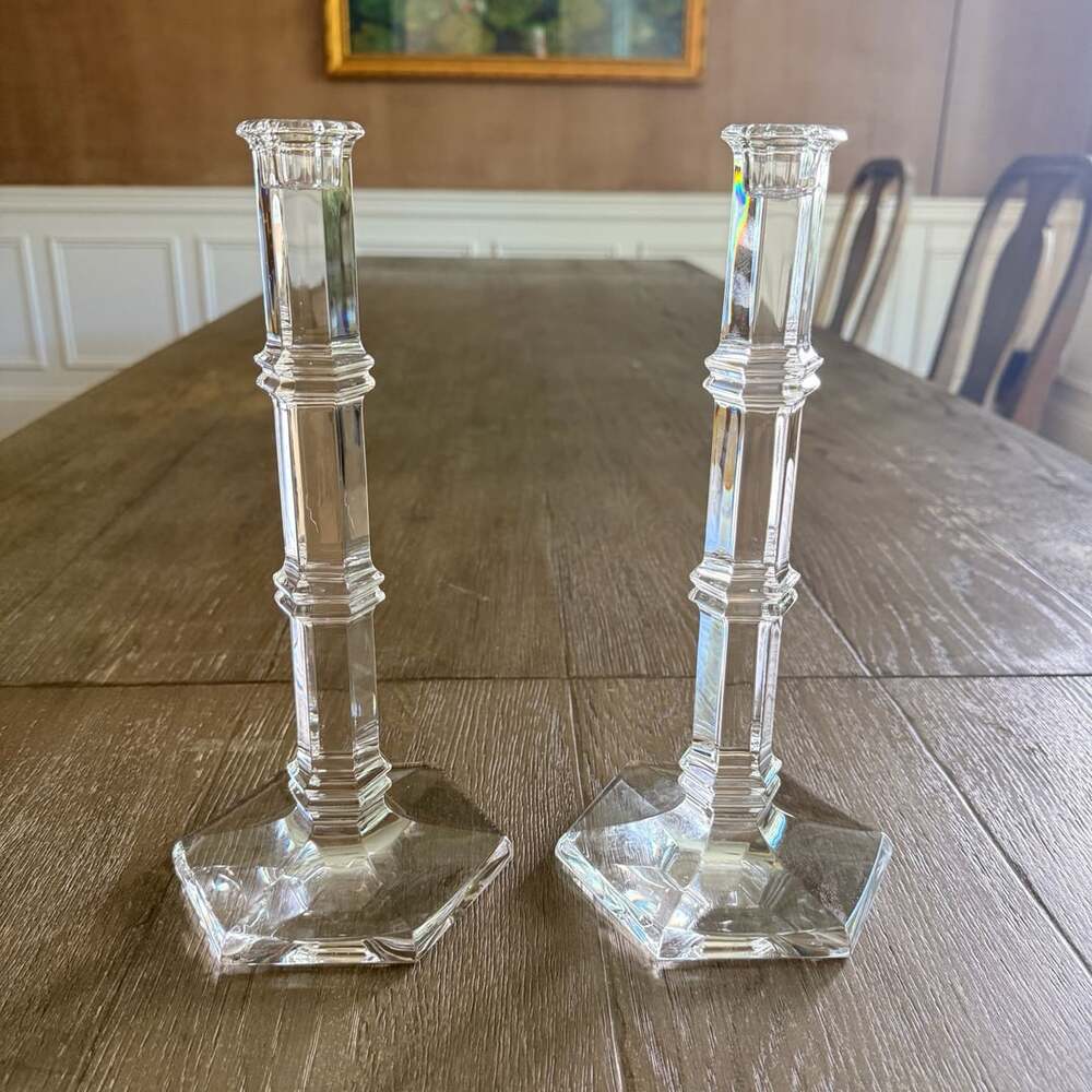 Tiffany & Co. Clear Crystal Hexagonal Base Candlestick Holders, Pair